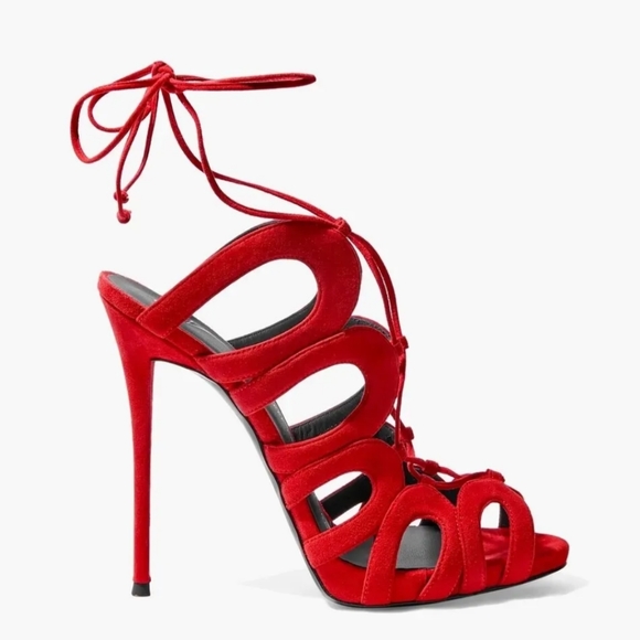 NEW Giuseppe Zanotti Caged Lace Up Red Suede Heels Size 38 - Picture 1 of 8